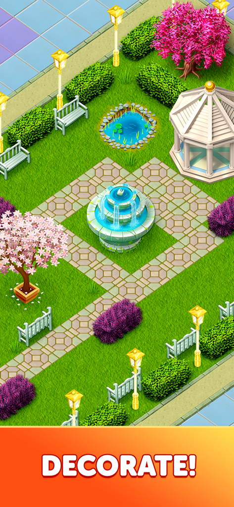 My Hospital: Decorate and Heal - 분수대, 정자, 분홍색 꽃나무가 있는 병원 정원 레이아웃