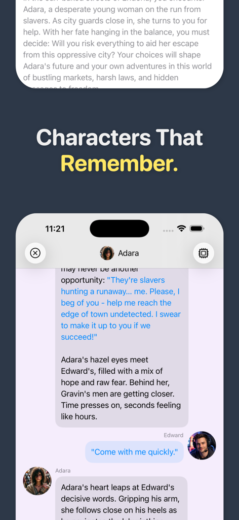 Mobile chat interface of Persona Chat app showing a roleplay story with an AI character