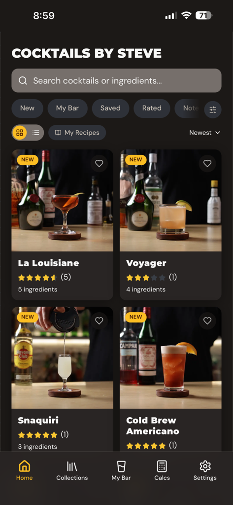 Cocktails by Steve - Home screen of the Cocktails by Steve app showing a grid of drink recipes with high quality photos and ratings