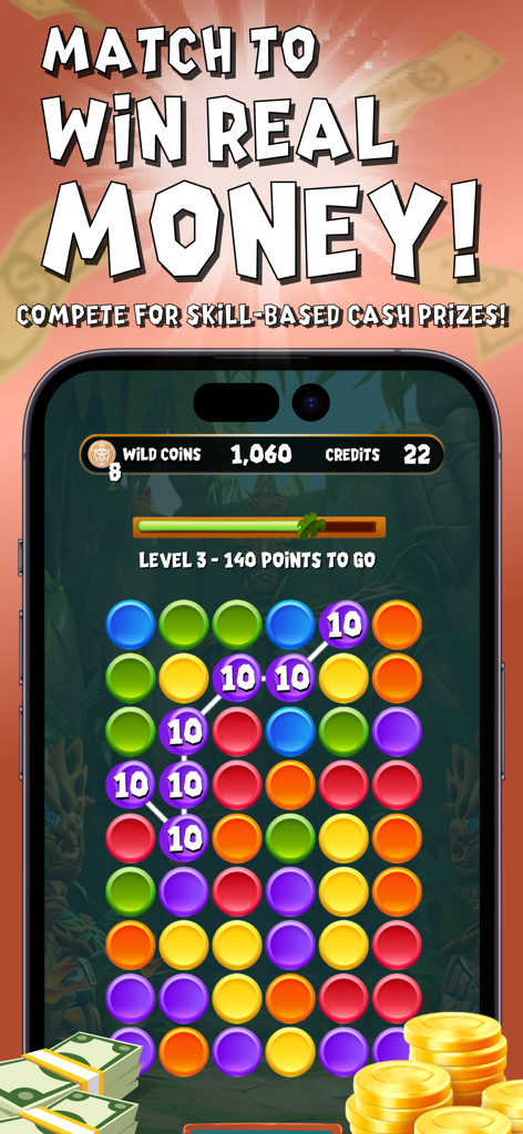 A match 3 puzzle game interface for Coinnect Pro with the headline Match to Win Real Money