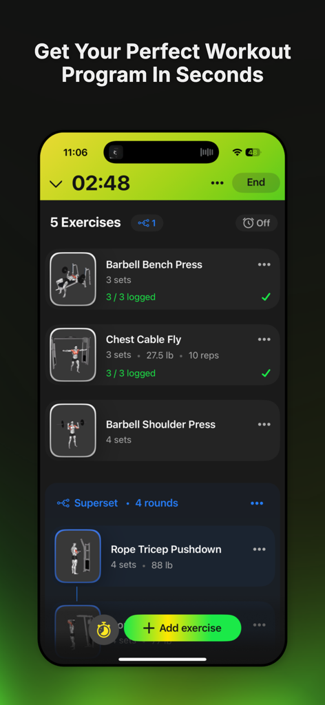 Top Challenger app screen showing a customized workout program with exercise tracking and timer