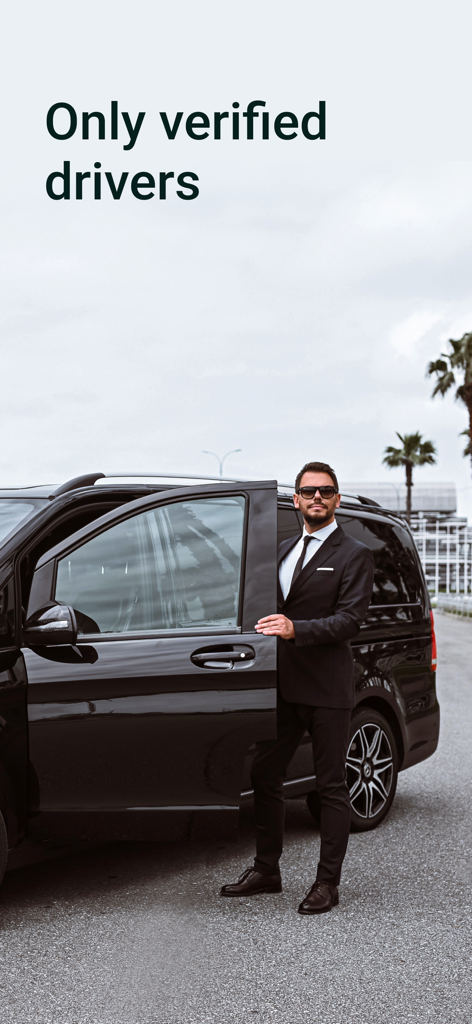 i’way: transfers in 600 cities - A professional driver in a black suit standing next to a premium black minivan