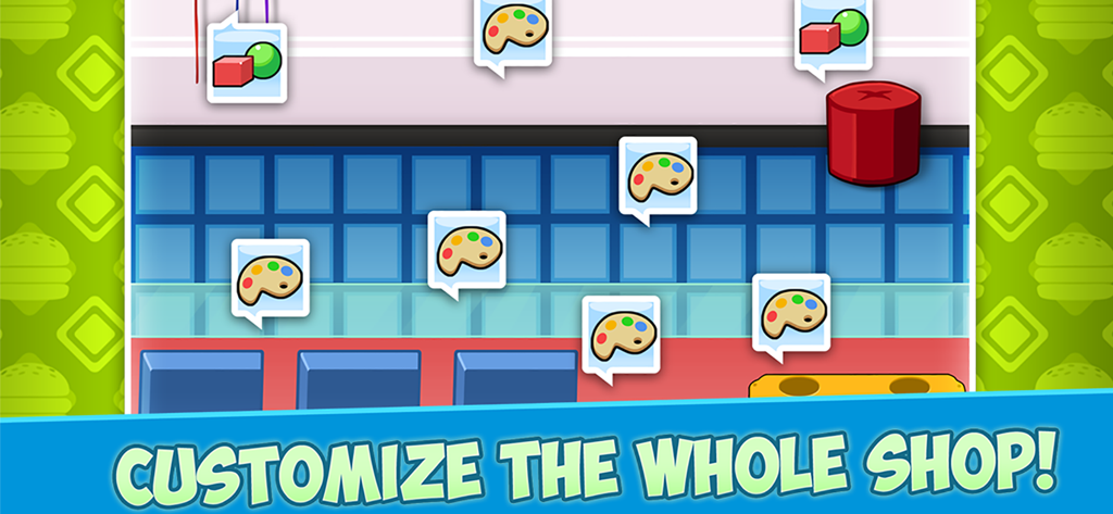 In-game screen showing options to customize the interior of the burger shop restaurant.