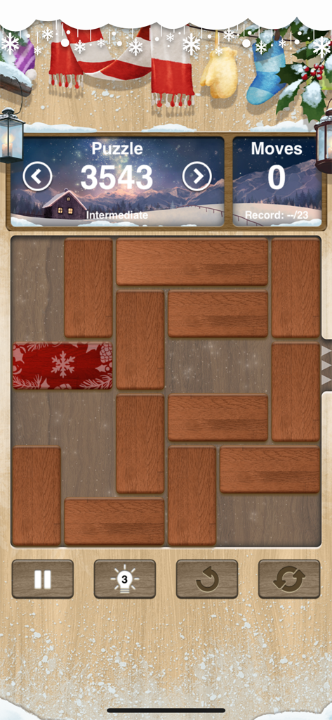 Unblock Me Premium puzzle game screen featuring a festive winter theme with wooden blocks and a red snowflake block.