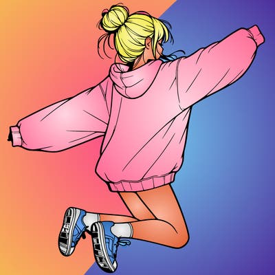 realistic girl jumping with a bun and oversized sweatshirt