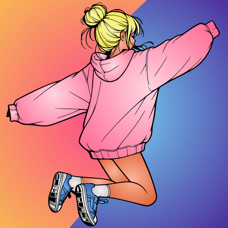 realistic girl jumping with a bun and oversized sweatshirt
