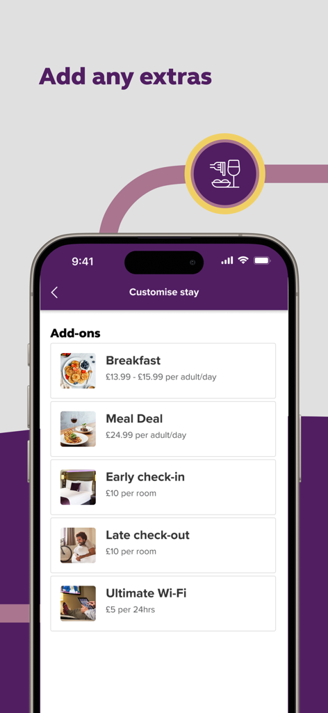 Premier Inn Hotels - Premier Inn App-Bildschirm, der Zusatzoptionen wie Frühstück und frühen Check-in anzeigt