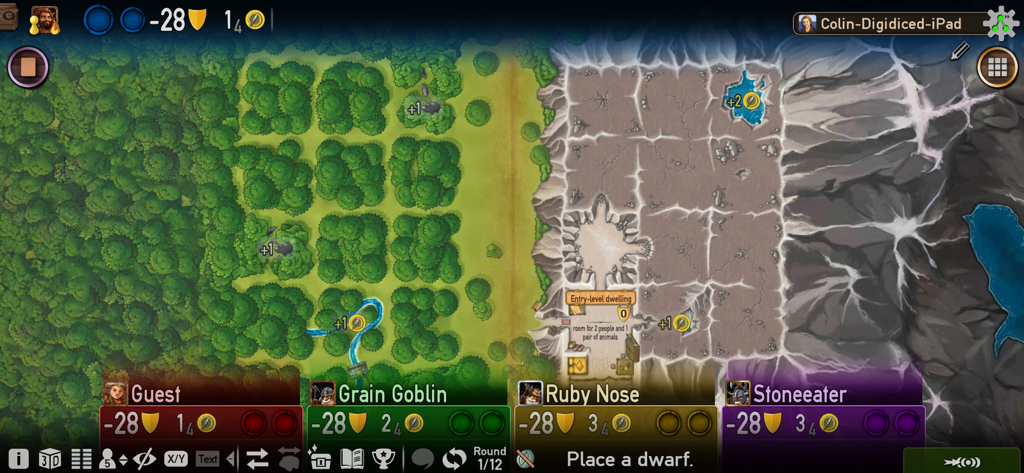 Caverna - Digital board of Caverna showing forest and mountain cave management zones