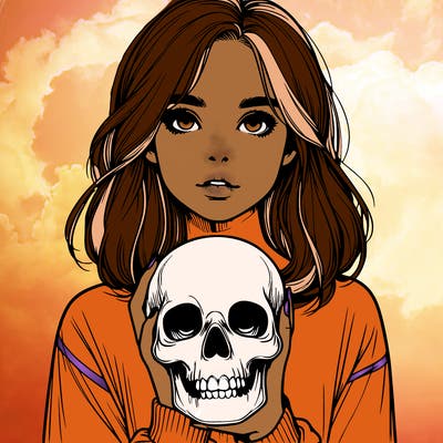 realistic girl holding a skull