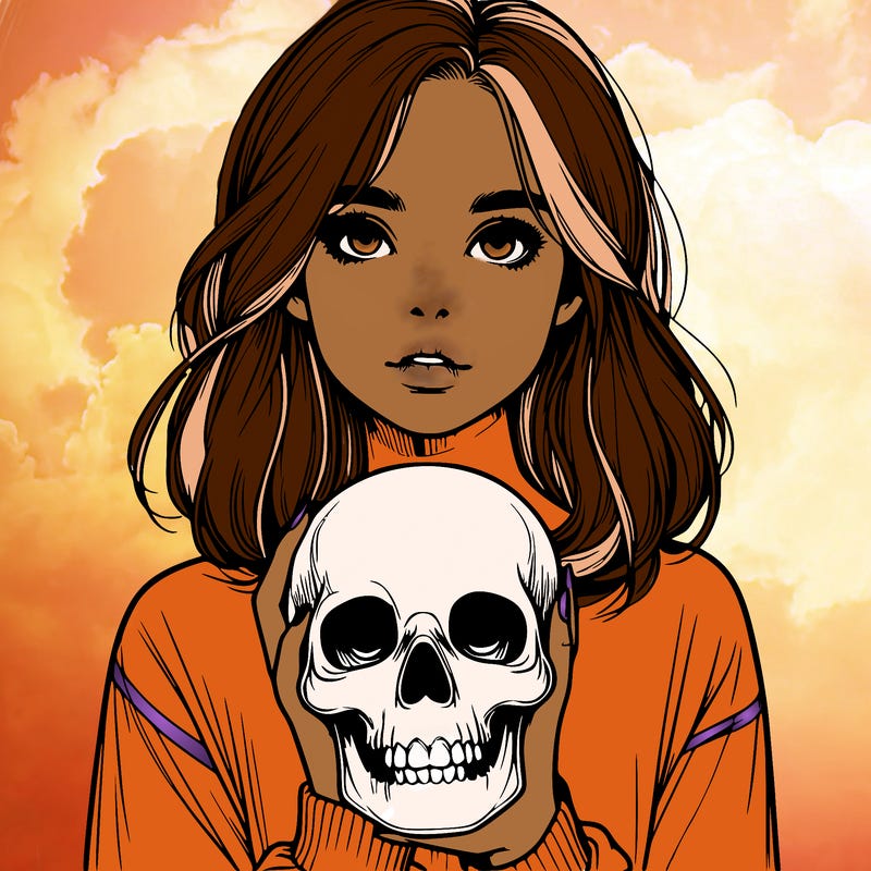 realistic girl holding a skull