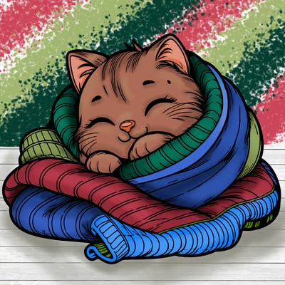 realistic cozy cat in a blanket