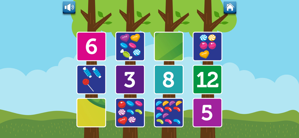 Count, Sort and Match - A children's memory matching game interface showing numbers and candy quantities on tree trunks.