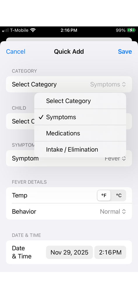MamaMed - MamaMed app interface showing the Quick Add screen with options to log symptoms medications and intake for a child's health summary