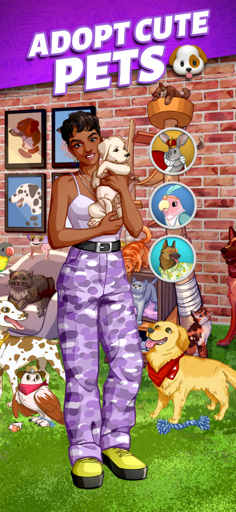Party in My Dorm: Campus Life - Female avatar holding a puppy surrounded by various pets like dogs cats and birds in Party in My Dorm