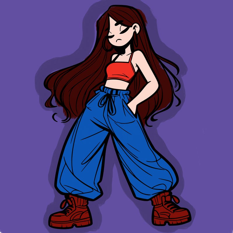 girl in baggy pants crop top and long hair