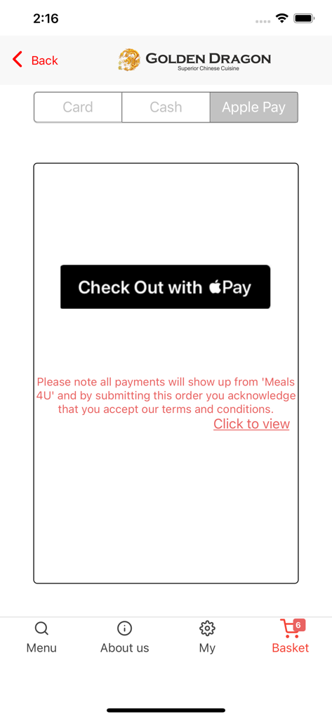 Pantalla de pago de la aplicación móvil Golden Dragon Truro que muestra la opción de pago de Apple Pay y el botón de pago.