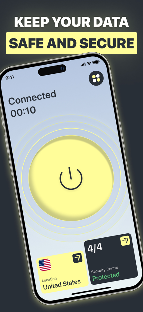 SafeStream VPN mobile app interface showing a secure connection to the United States server and a protected status.