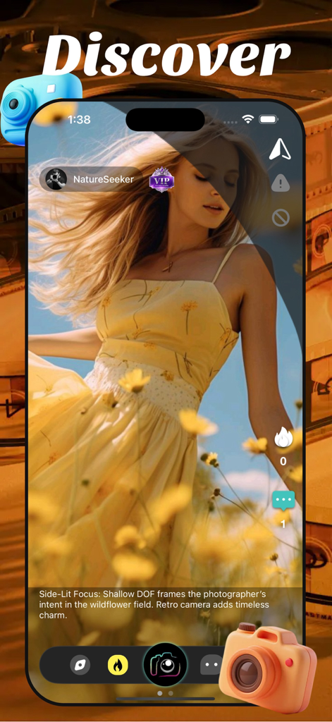 Fotzy - Live Chat, Discover - Flux de découverte de l'application Fotzy montrant une photo esthétique d'une femme en robe jaune dans un champ de fleurs sauvages avec des icônes d'interaction sociale