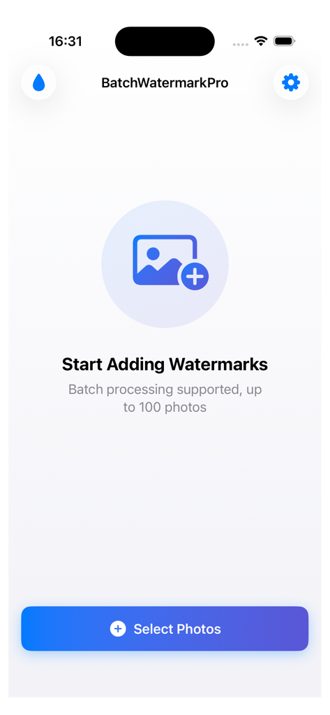 BatchWatermarkPro - Home screen of the BatchWatermarkPro app showing the start adding watermarks interface and select photos button