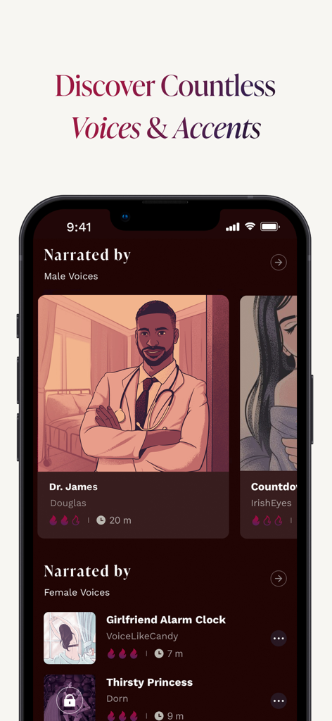 Bloom Stories app interface showcasing diverse narrator voices and accents for spicy audiobooks