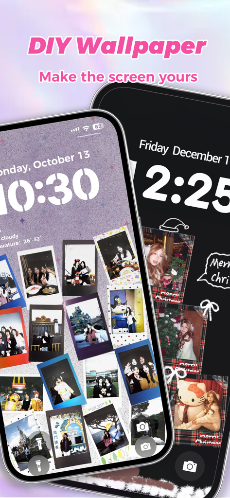 Dynamic Dash - Widget & Theme - 폴라로이드 사진 콜라주와 디지털 시계 위젯을 특징으로 하는 사용자 지정 가능한 배경화면 템플릿을 보여주는 두 대의 iPhone