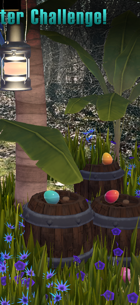 Colorful Easter eggs sitting on wooden barrels in a virtual garden with purple flowers