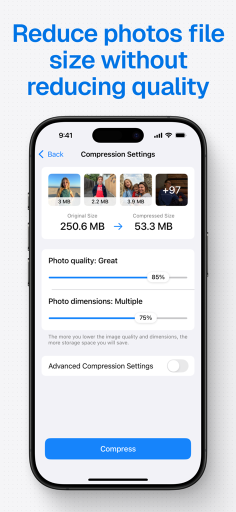 Compress Photos & Pictures - iPhoneのストレージ容量を節約するために写真のファイルサイズを縮小するアプリの設定画面