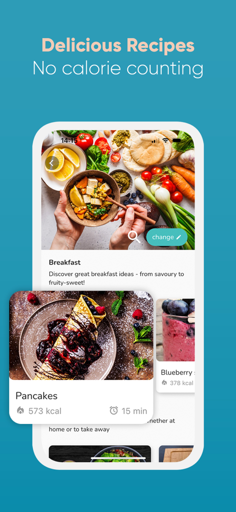 Mobile app interface showing healthy breakfast recipes like pancakes and smoothie bowls for intermittent fasting users.