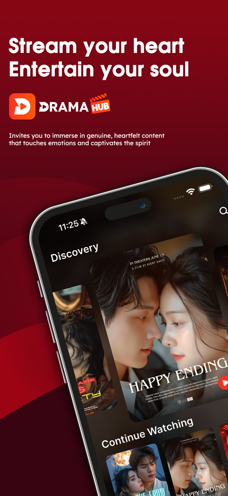 DramaHub: Daily Drama Shorts - Interface de l'application DramaHub montrant une page de découverte avec des affiches de courtes séries dramatiques romantiques