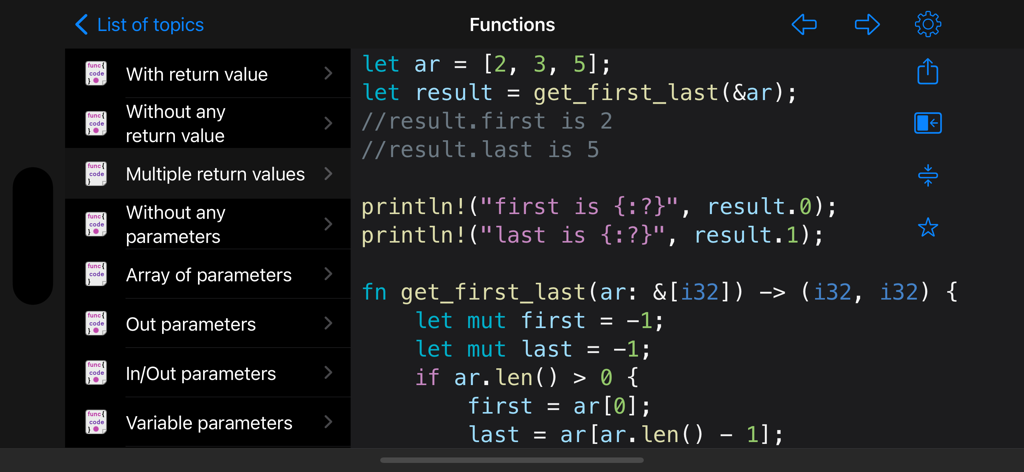 Rust Recipes - Interface of the Rust Recipes app displaying a code snippet for functions with multiple return values in dark mode.