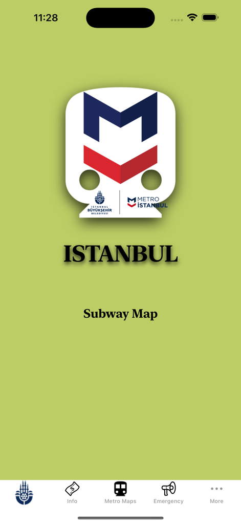 Istanbul Subway Map - Écran d'accueil de l'application mobile Istanbul Subway Map présentant une icône de métro et un menu de navigation.