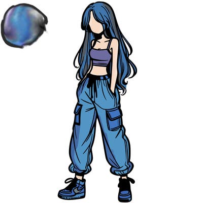 girl in baggy pants crop top and long hair