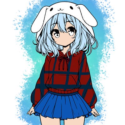 pretty anime girl wearing a fluffy hoodie with bunny ears on the hood and a skirt