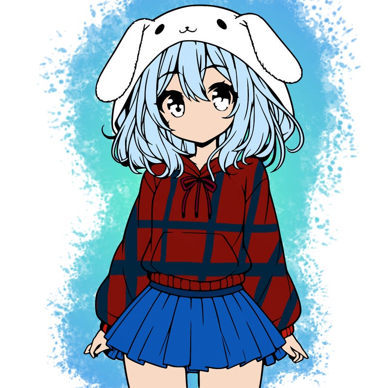 pretty anime girl wearing a fluffy hoodie with bunny ears on the hood and a skirt