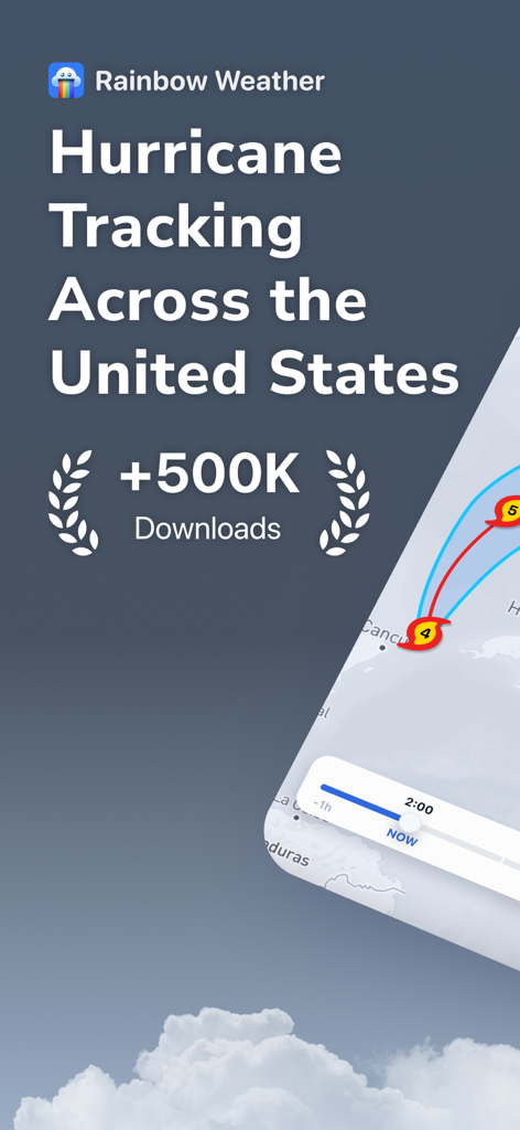 Rainbow AI: Weather Radar - Rainbow AI app interface showing hurricane tracking paths across the United States map.