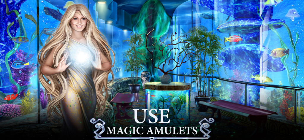 Hidden Objects: Twilight Town - Una donna in un abito dorato che usa una sfera magica luminosa in una stanza a tema sottomarino all'interno di Hidden Objects Twilight Town