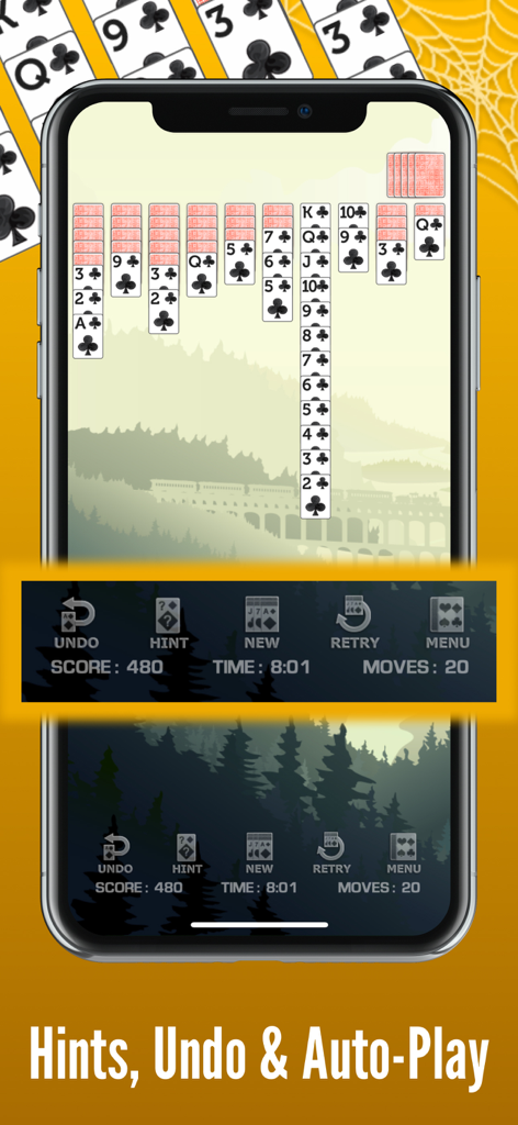 Spider Solitaire Pro! - Interfaz del juego móvil Spider Solitaire Pro con botones de pista y deshacer
