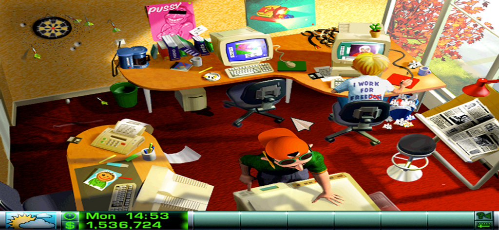 Airline Tycoon Deluxe - A cartoon style office scene with characters working at computers and desks in Airline Tycoon Deluxe