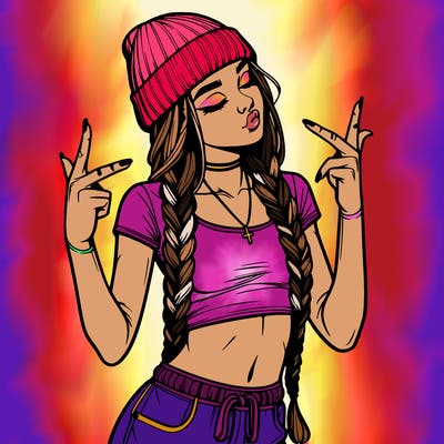 realistic teenage girl with braids and a beanie and crop top doing 🫶🏼