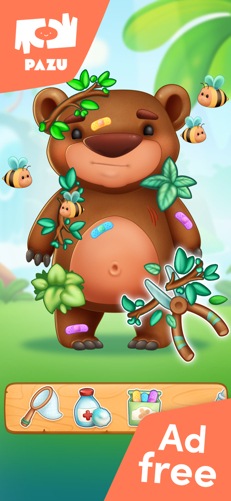 Gameplay of Jungle Vet Care showing a brown bear with colorful bandages being treated with veterinary tools.