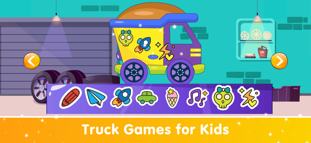Kids Car Games for Toddlers - キッズカーゲームのアプリ内で、ガレージのセットでステッカーで装飾されているカラフルなトラック。