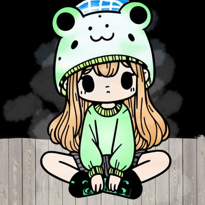 a girl wearing a frog hat and some frog socks