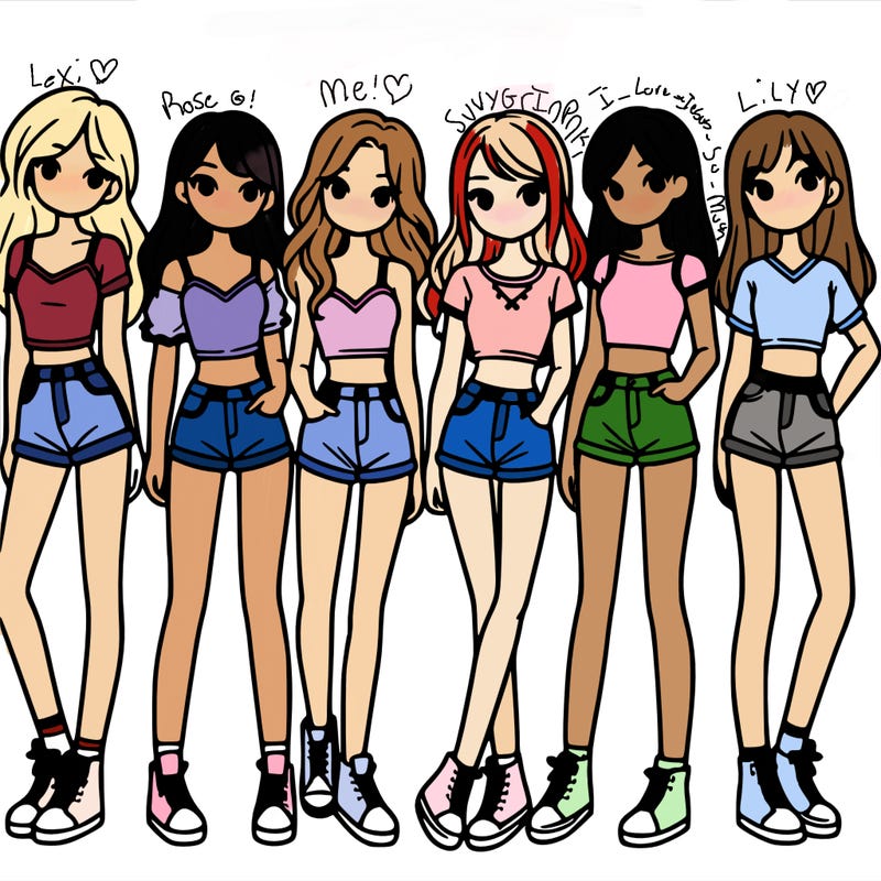a group of girls wearing crop tops and shorts