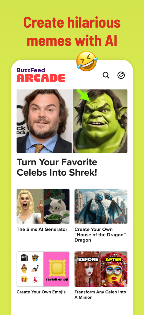 BuzzFeed Arcade screen showing AI tools for creating memes and transforming celebrities.