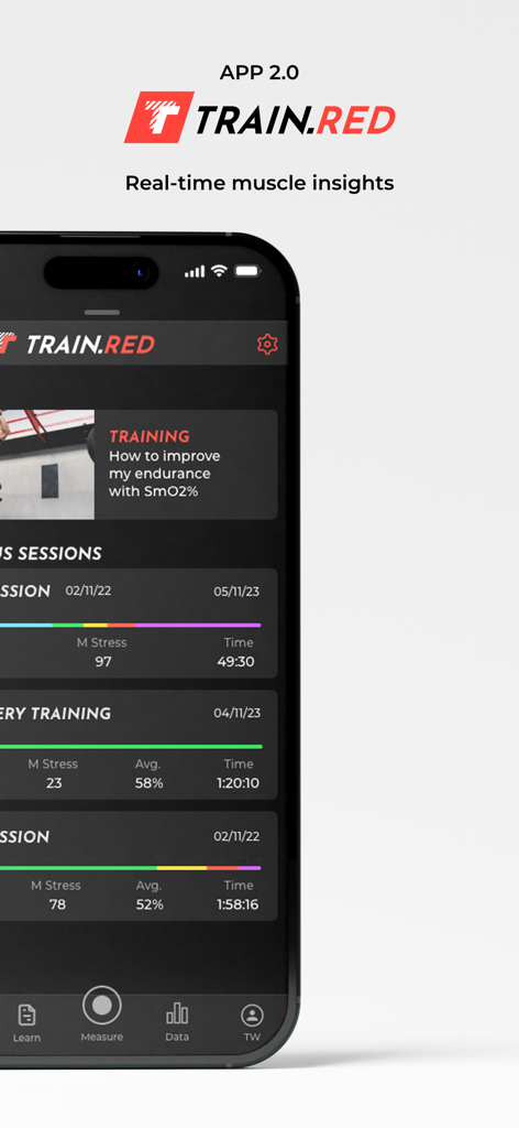 Train.Red app dashboard showing a list of recorded training sessions with metrics like muscle stress and SmO2 percentage.