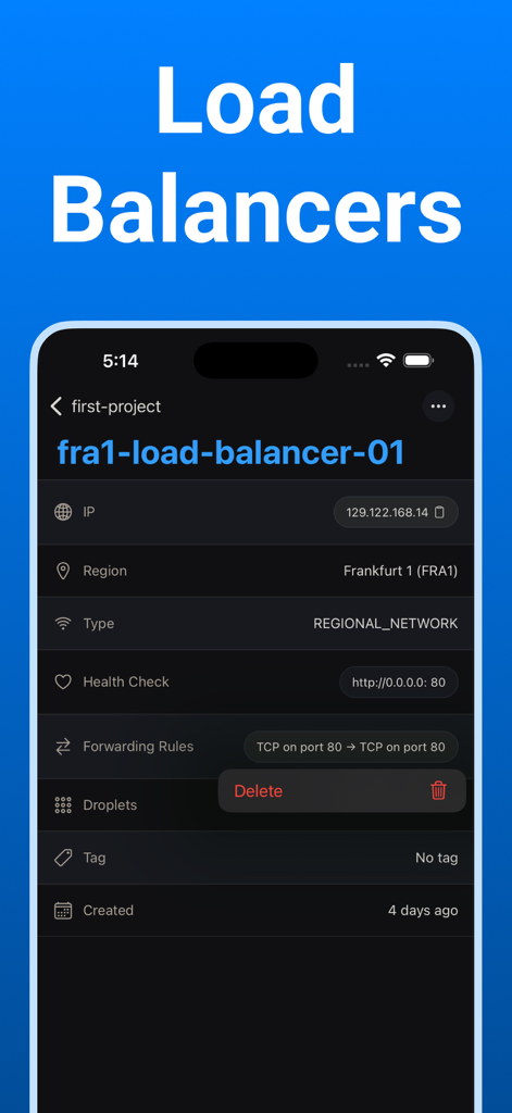 Captura de pantalla de la aplicación móvil Ocean que muestra información detallada de un balanceador de carga de DigitalOcean, incluyendo dirección IP y región.