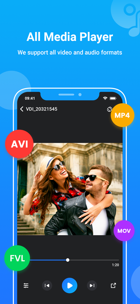 MX Player : All Media Player - Interfaz de la aplicación MX Player mostrando reproducción de video y formatos compatibles como MP4 y AVI.