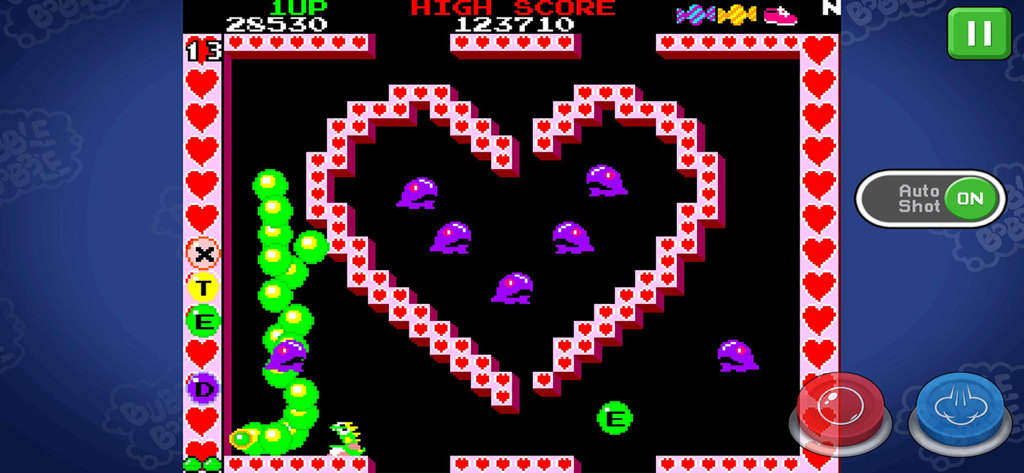Gameplay screenshot of BUBBLE BOBBLE classic showing the green dragon Bubblun in a heart shaped stage with enemies