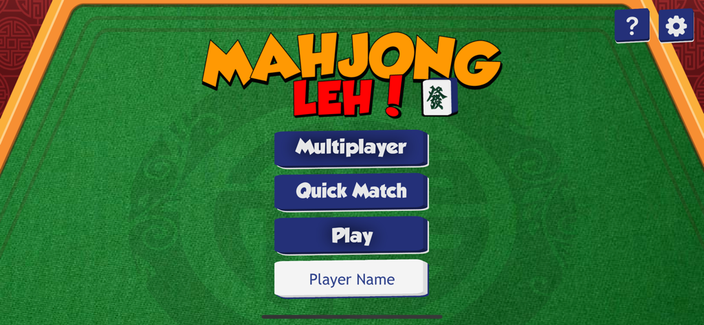 Main menu of the MahjongLeh app featuring options for multiplayer quick match and play on a green felt background