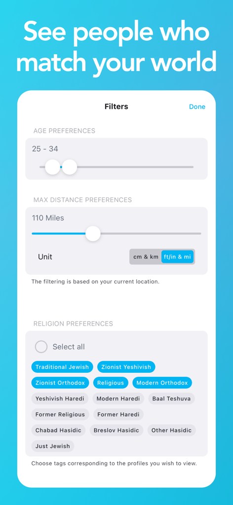 Ringle dating app filter screen showing age distance and Jewish religious preference settings